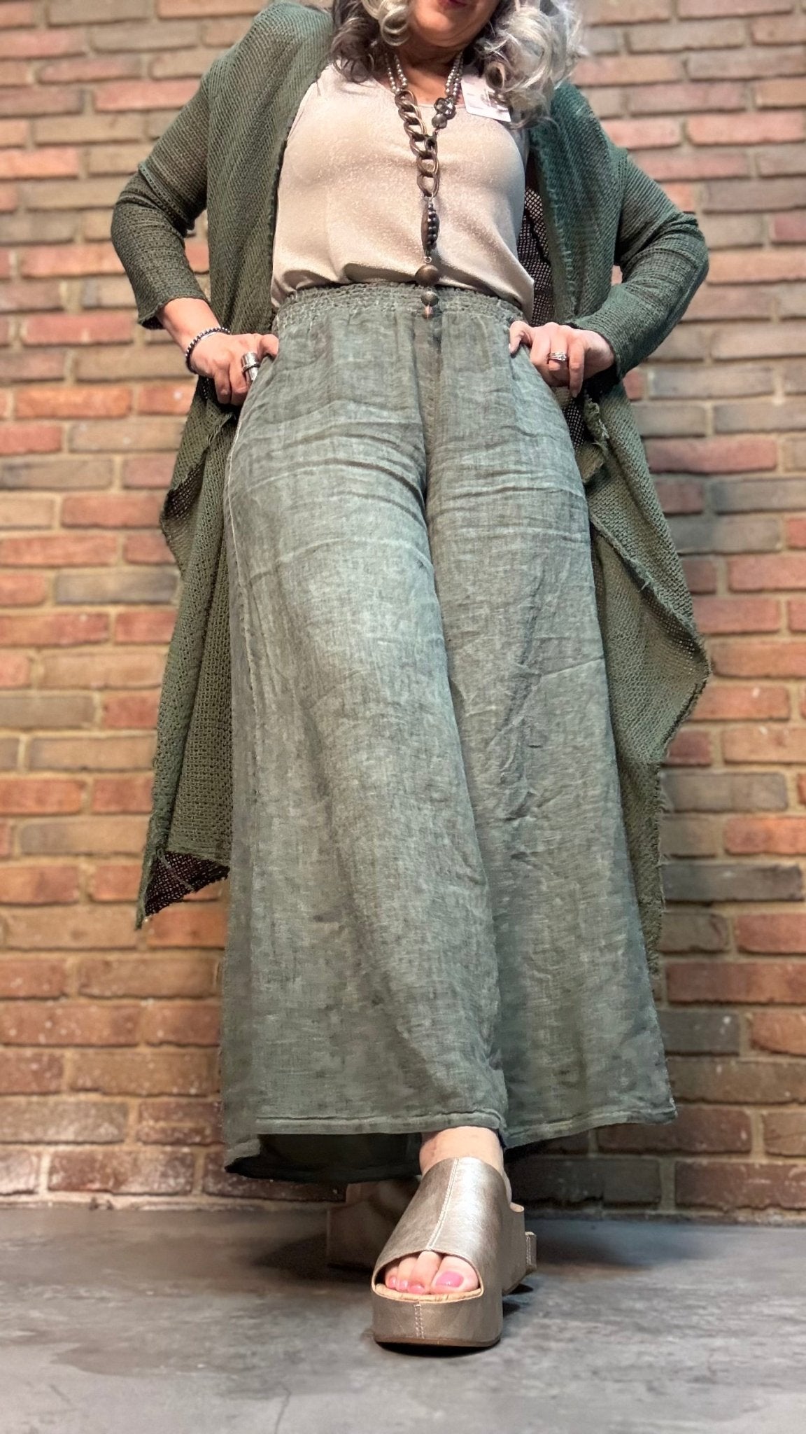 Olive Smock Waist Pant - Vintage Vault Boutique