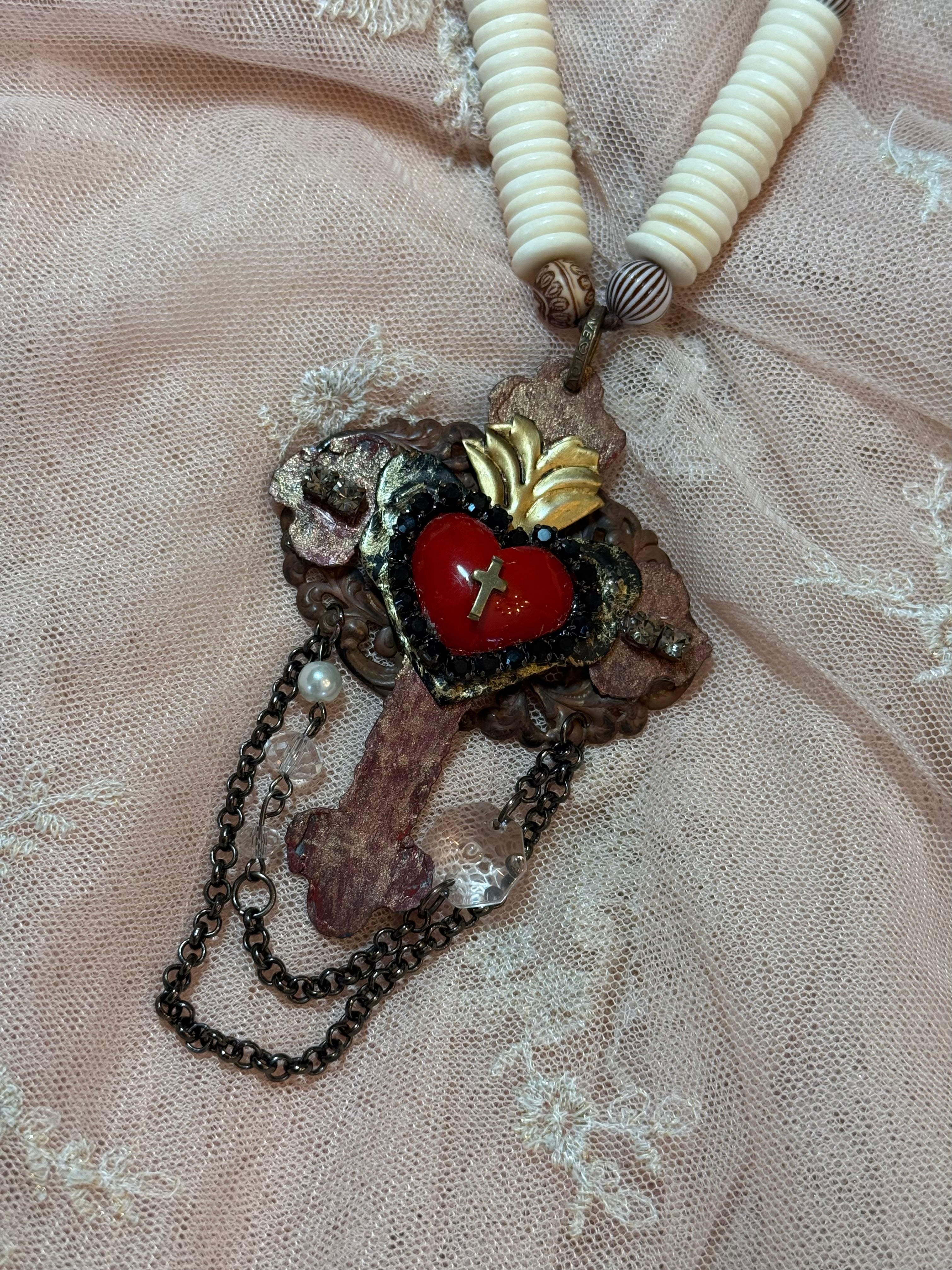 Red Heart on Cross Necklace