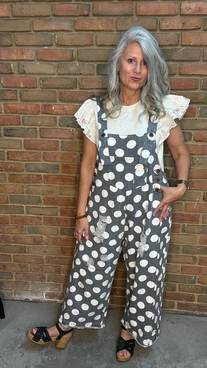 Grey Polka Dot Relaxed Overalls