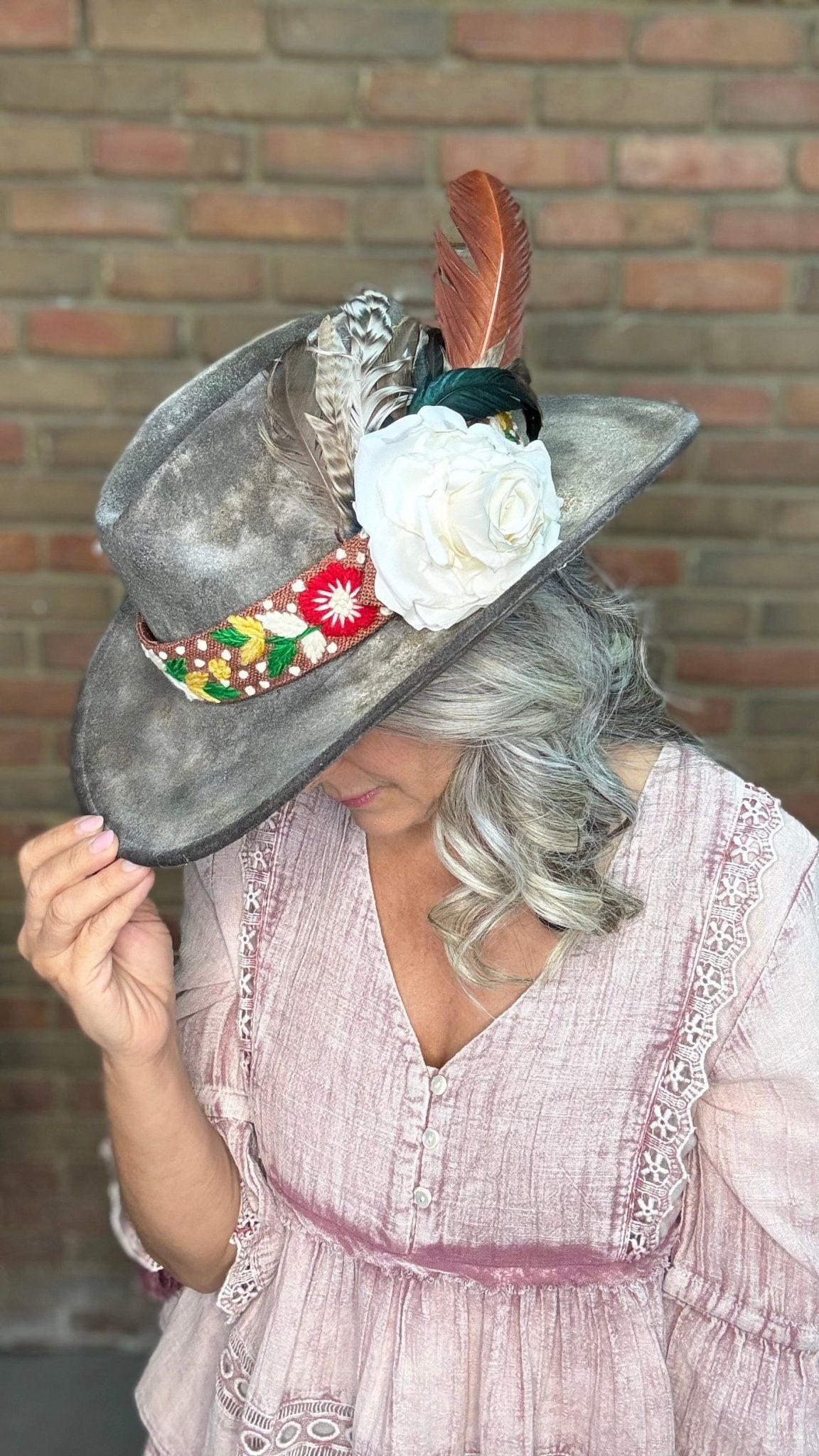 Gray Hat with Embroidery Band - A Rare Bird - Vintage Vault Boutique