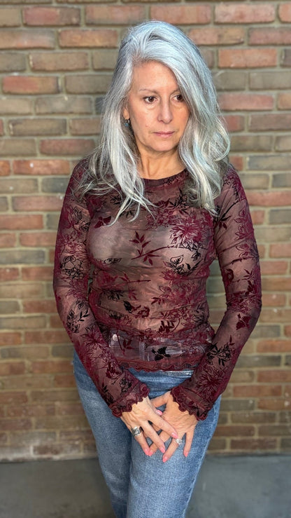 Wine Burn Out Floral Mesh Top - Vintage Vault Boutique