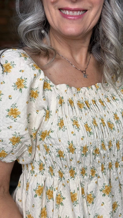 Cream/Yellow Smocked Top - Vintage Vault Boutique
