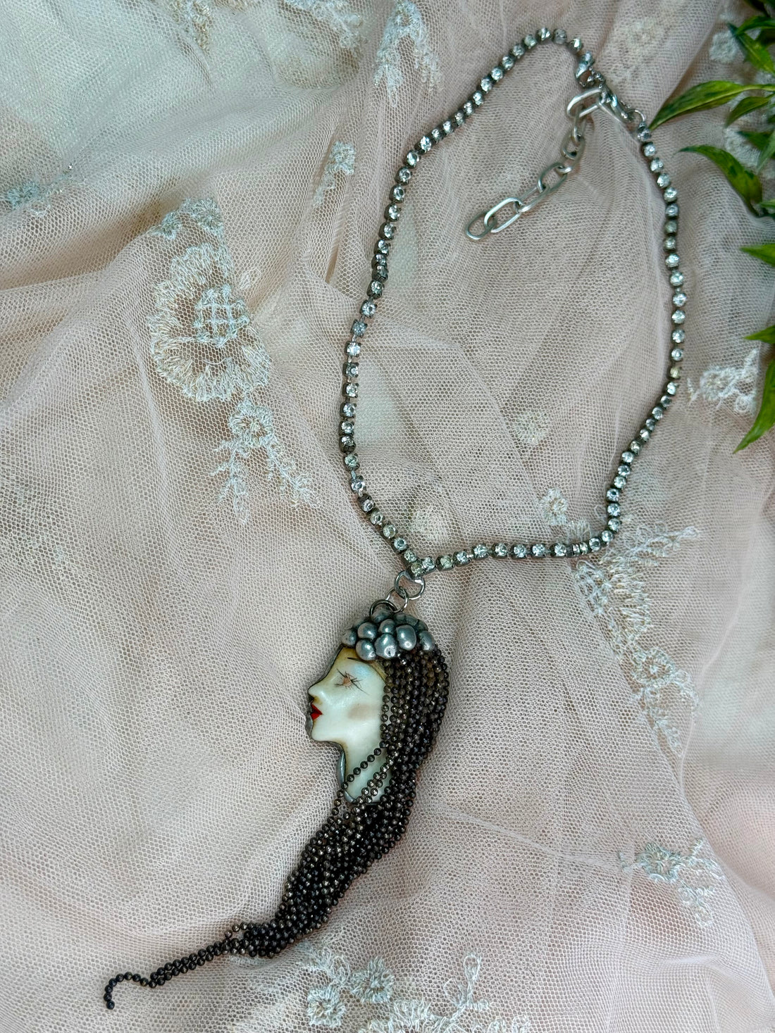 Vintage Face on Crystal Necklace