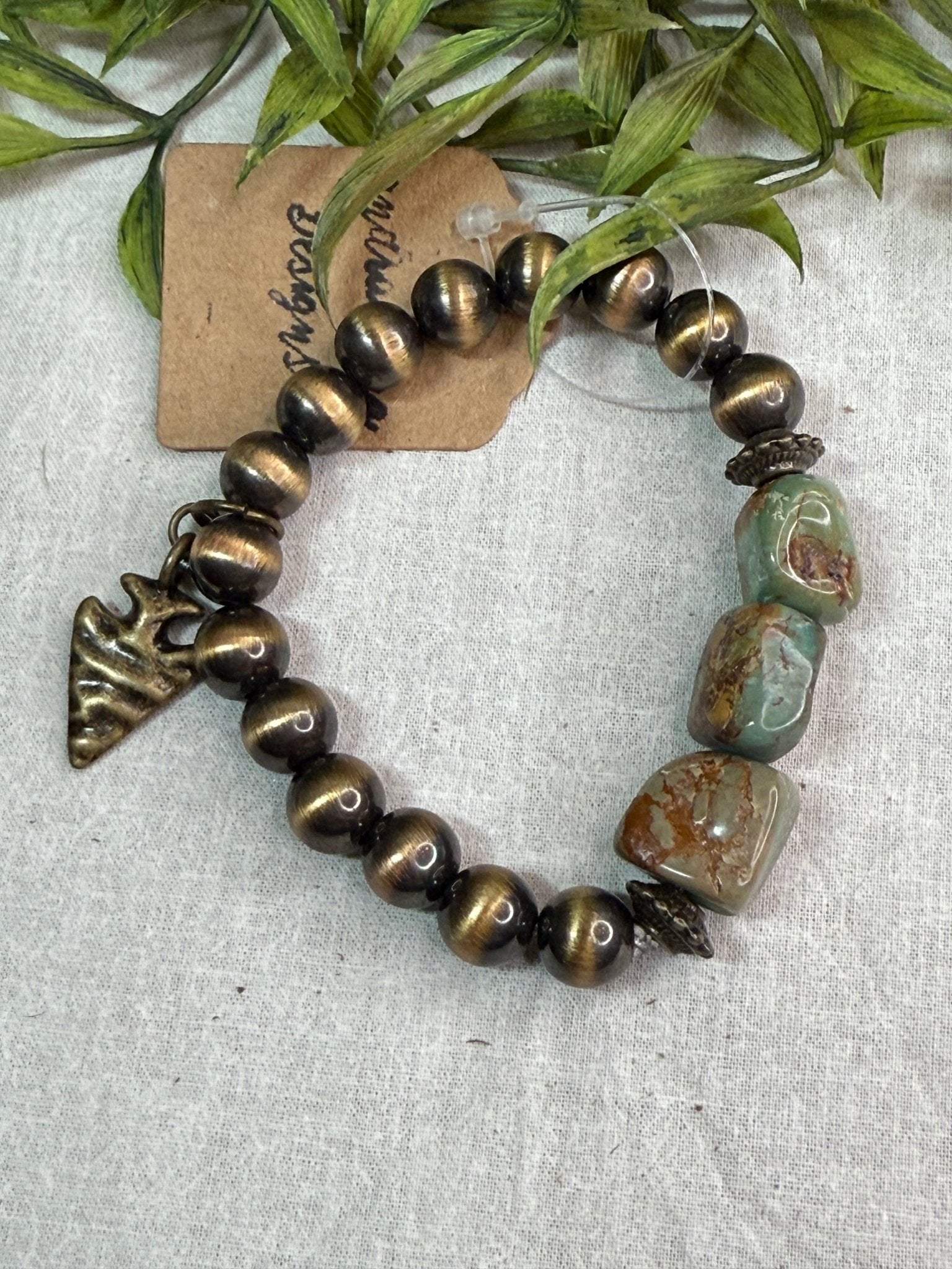 Bronze Desert Pearls and Turquoise Stretch Bracelet - Vintage Vault Boutique