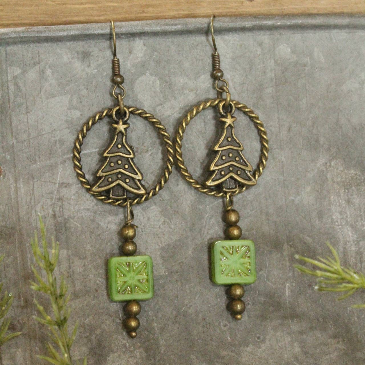 Czech Star &amp; Evergreen Christmas Dangle Earrings