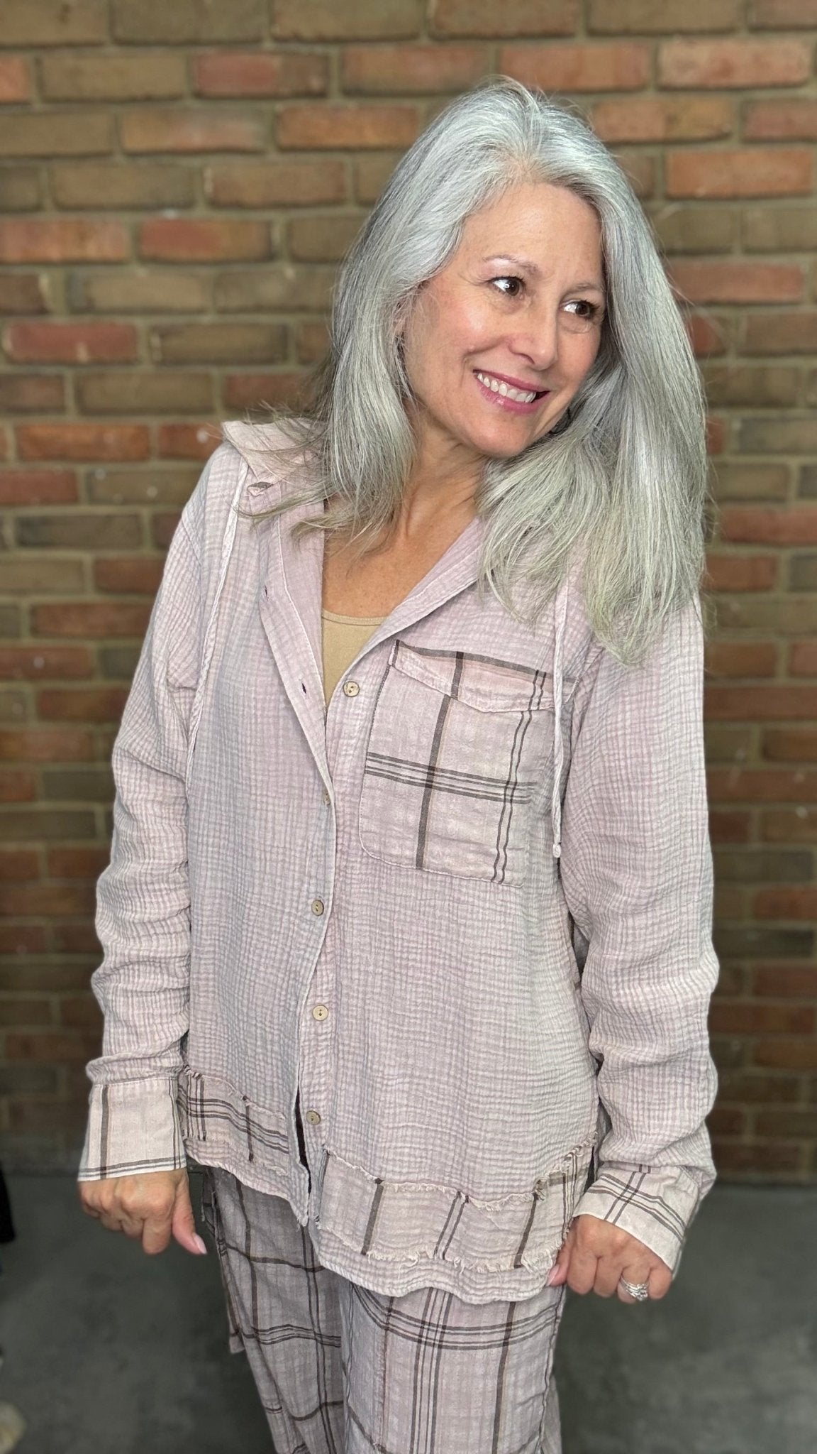 Dusty Lavender Plaid Washed Hoodie - Vintage Vault Boutique