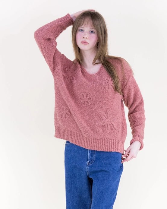 Boucle Floral Applique Sweater - Vintage Vault Boutique