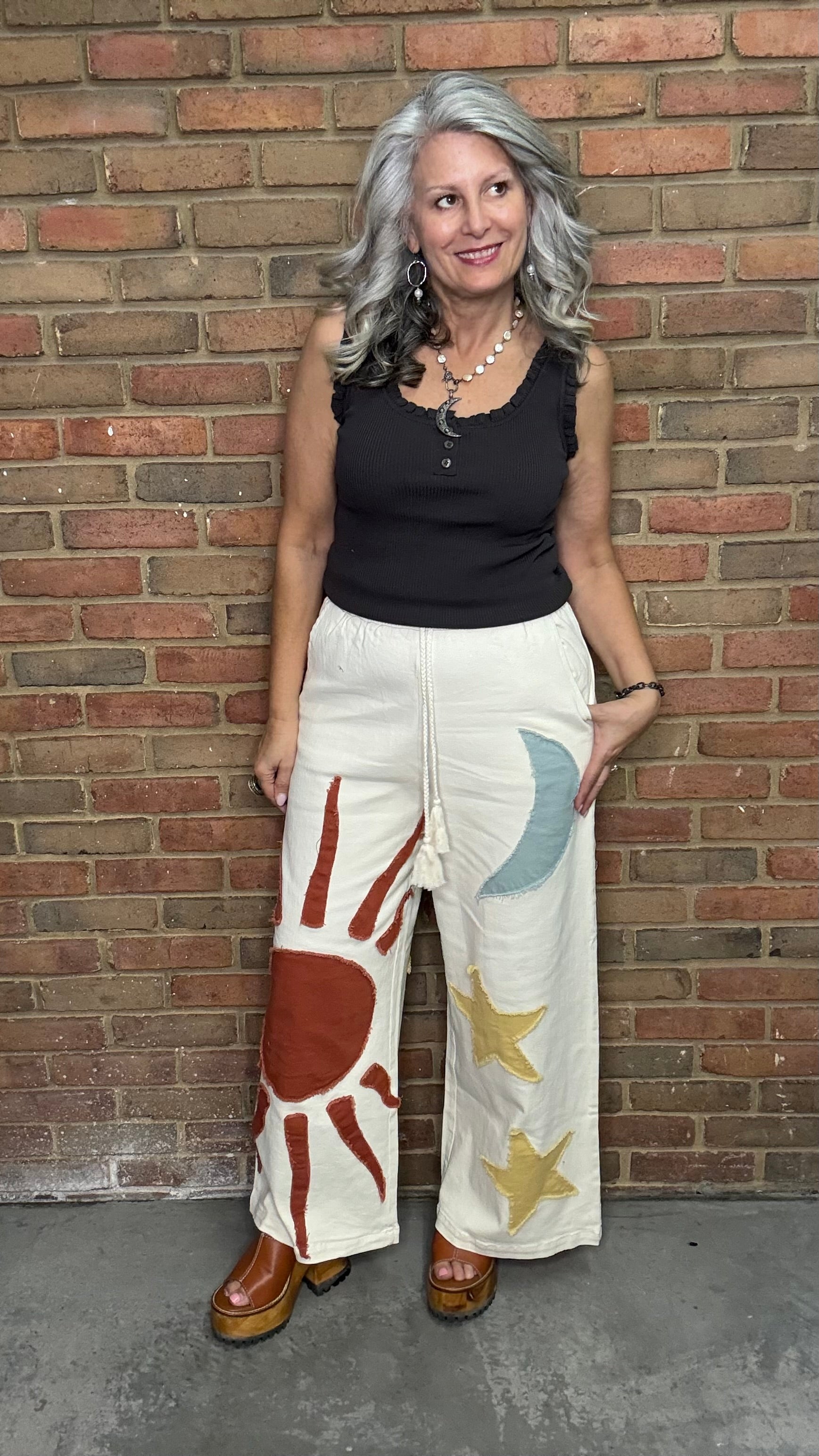 Sun Moon Star Patch Wide Pants
