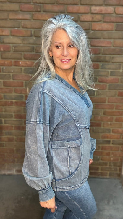 Navy V-Neck Terry Pullover - Vintage Vault Boutique