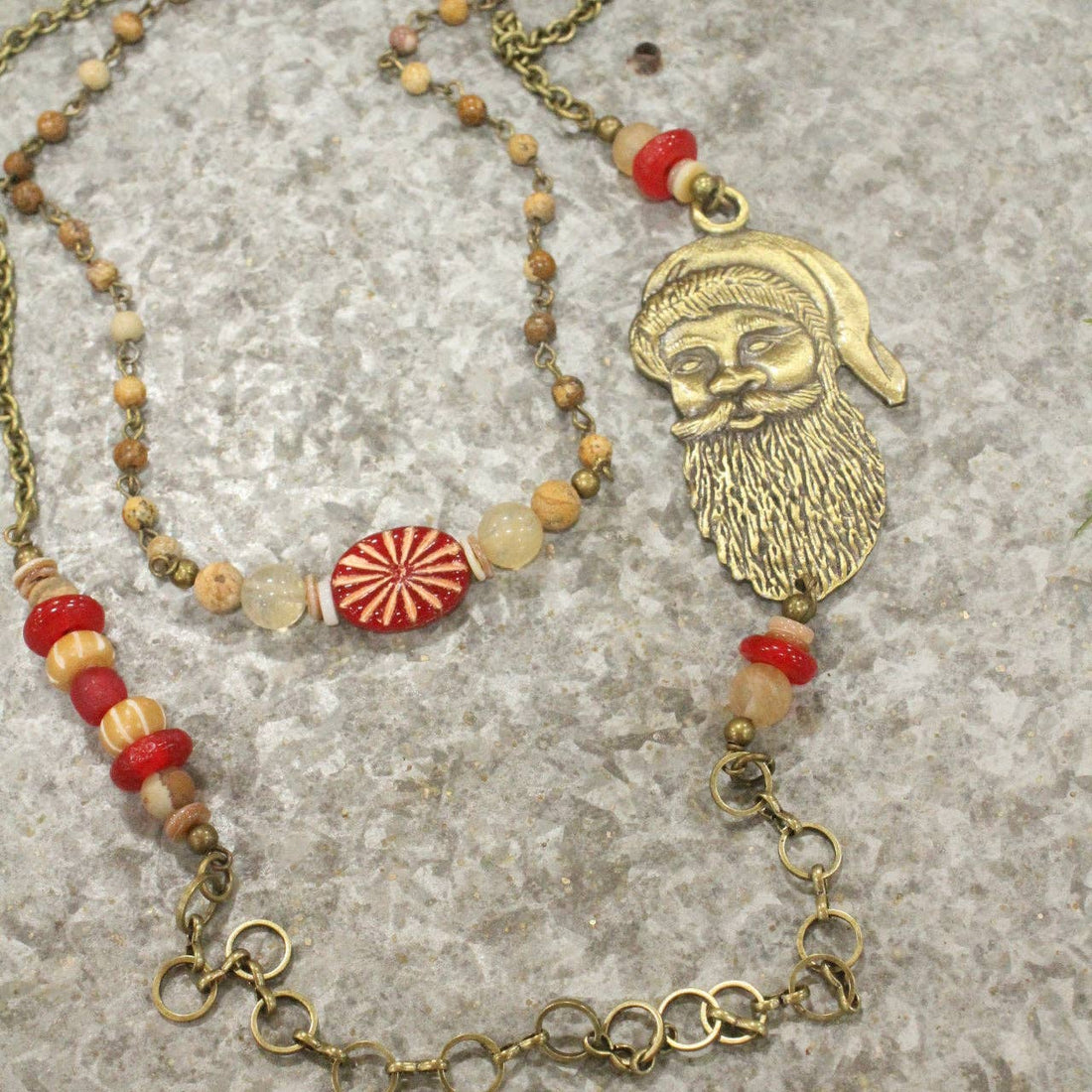 Bronze Santa &amp; His Czech Candy Layered Pendant Necklace