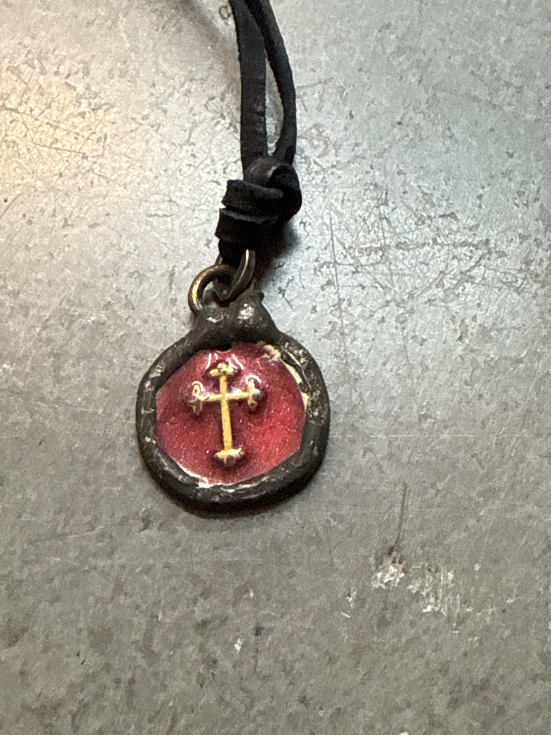 Red Disk with Gold Cross on Leather Necklace