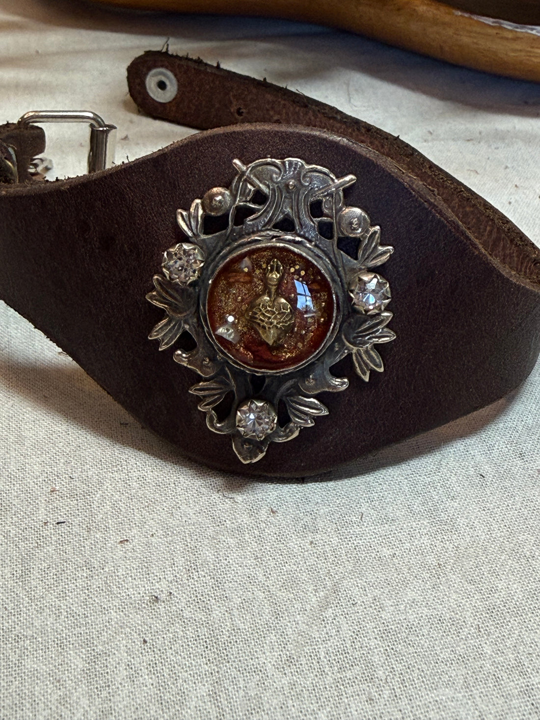 Red Sacred Heart on Leather Buckle Bracelet