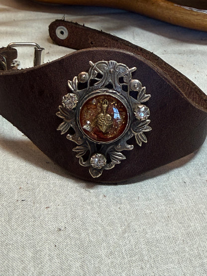 Red Sacred Heart on Leather Buckle Bracelet