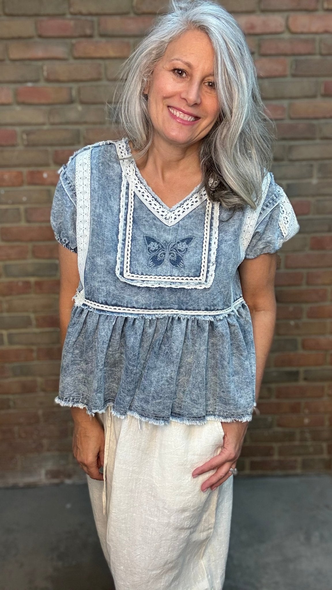 Denim Butterfly Baby Doll Top - Vintage Vault Boutique
