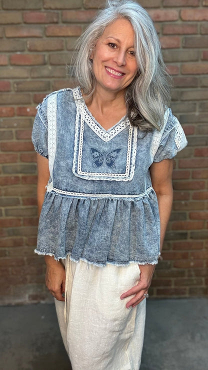 Denim Butterfly Baby Doll Top - Vintage Vault Boutique