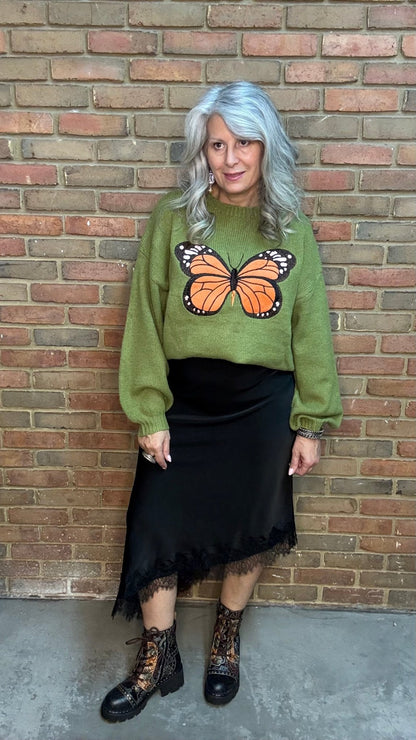 Monarch Butterfly on Green Sweater - Vintage Vault Boutique