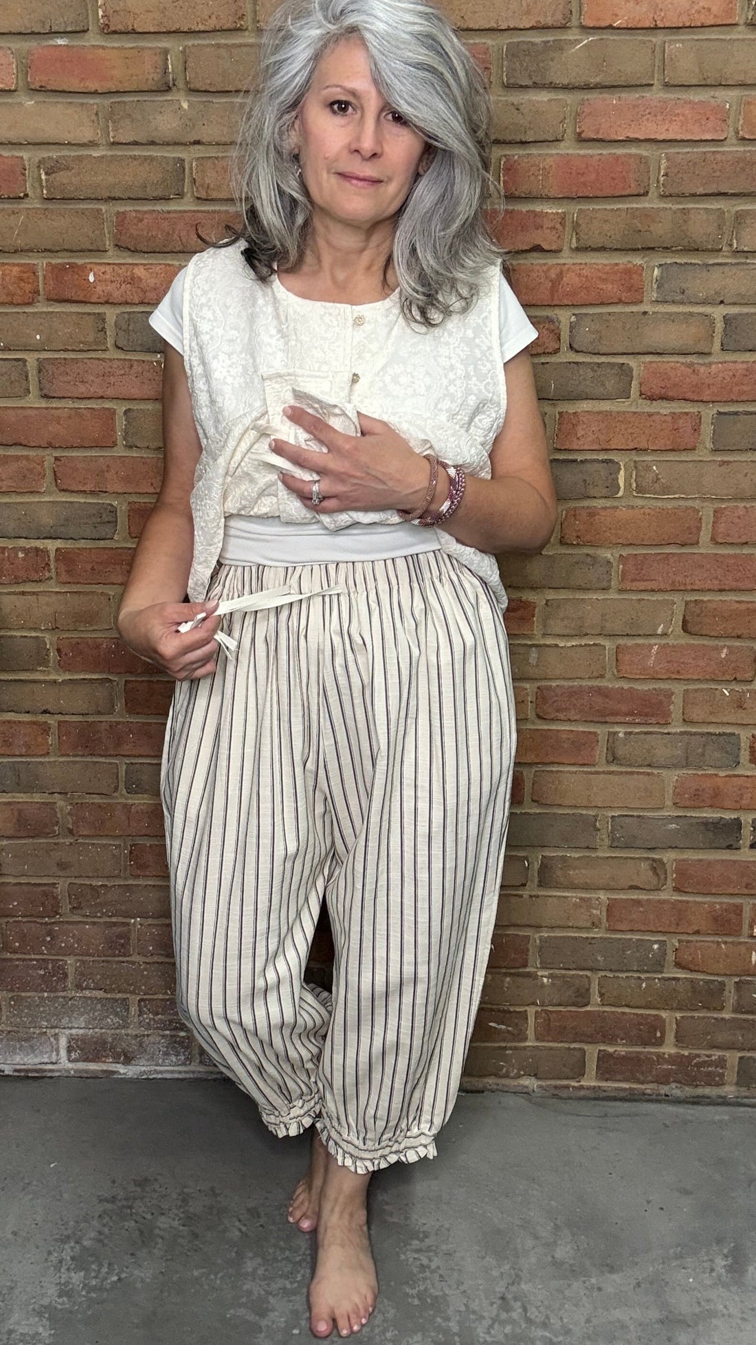 Cotton-Linen Striped Lantern Pants