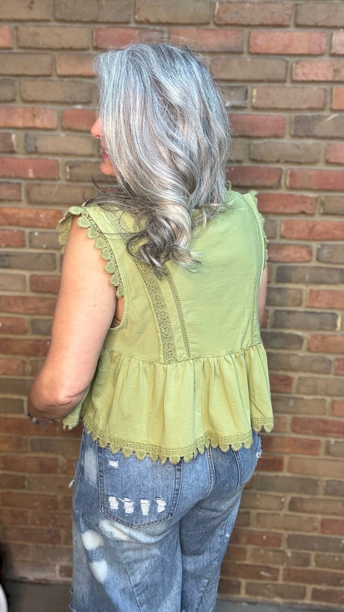 Matcha Washed Lace Sleeveless Top - Vintage Vault Boutique