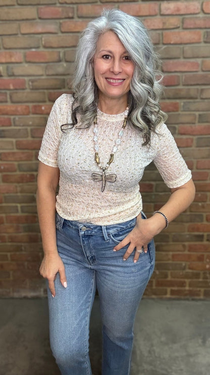 Ivory Floral Mesh Top - Vintage Vault Boutique