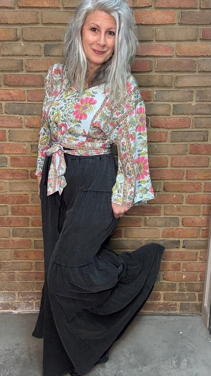 Black Tiered Side Boho Wide Leg Pant - Vintage Vault Boutique