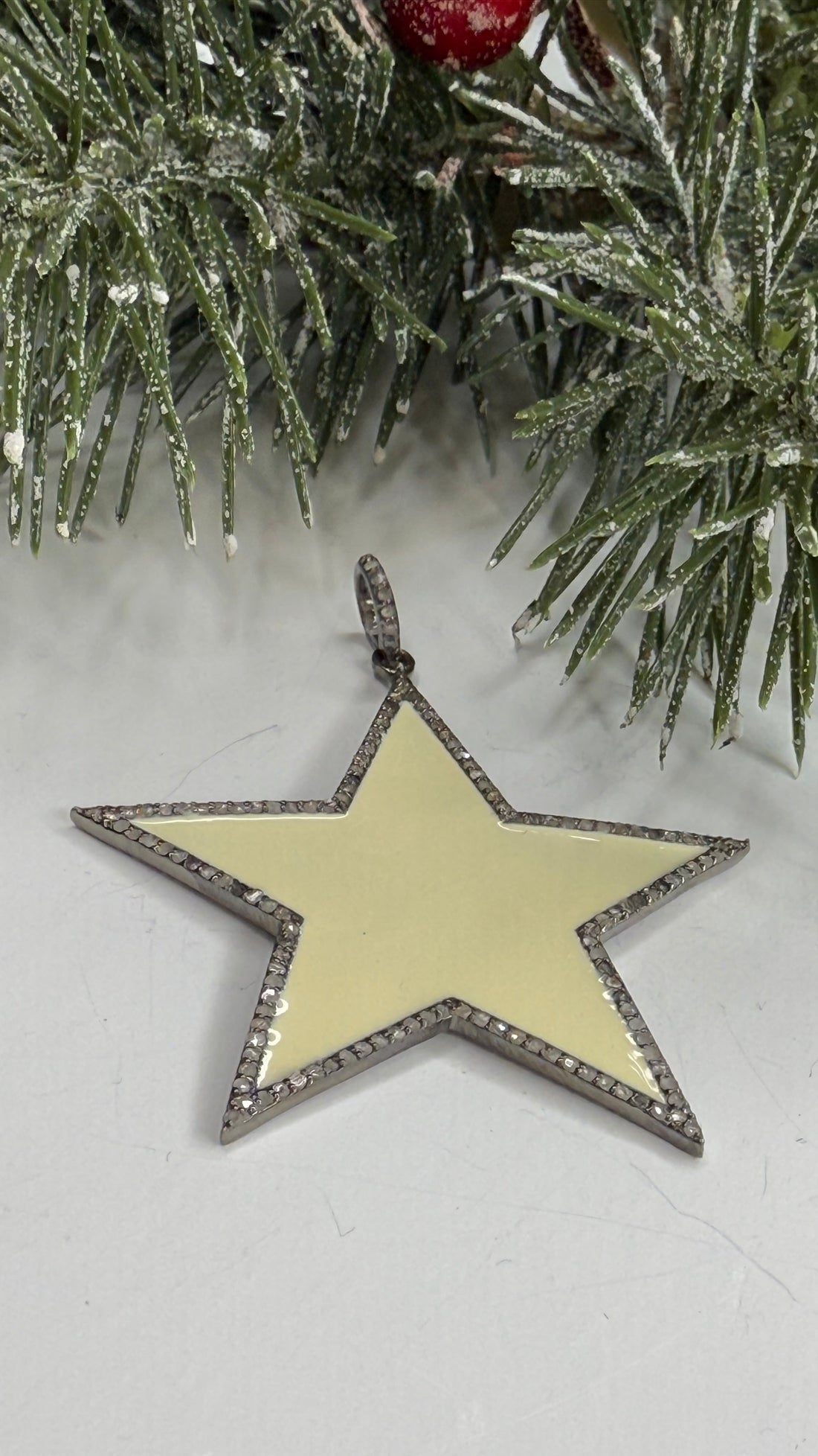 Star-shaped Christmas ornament on a snowy branch
