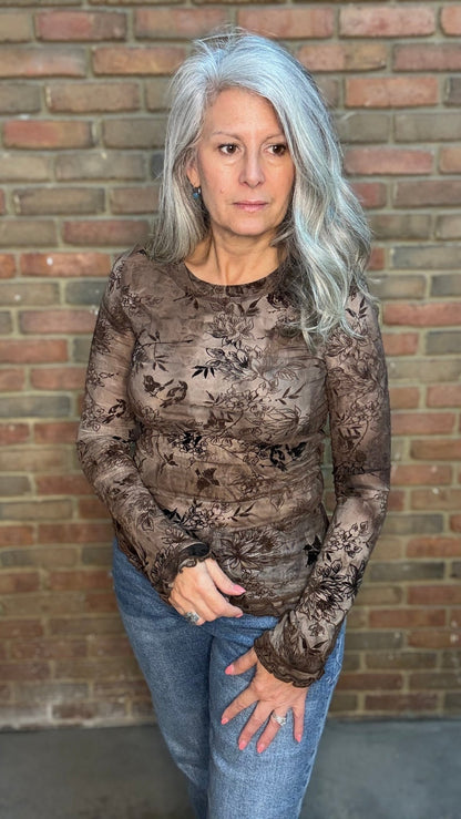 Brown Burn Out Floral Mesh Top - Vintage Vault Boutique