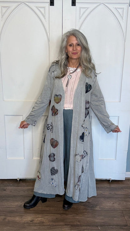 Long Grey Hearts Patch Jacket - Vintage Vault Boutique