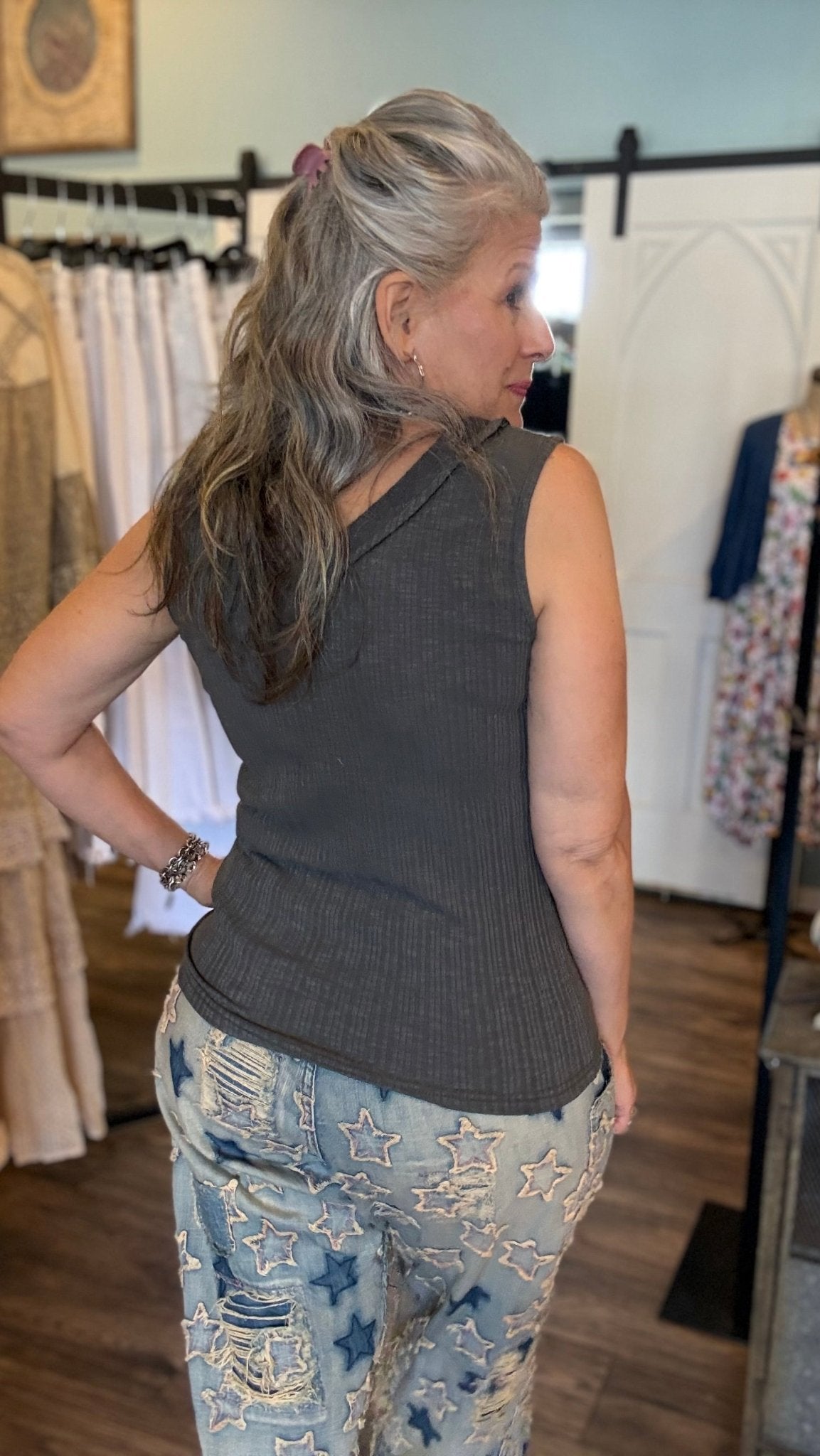 Charcoal Ribbed Sleeveless Top - Vintage Vault Boutique