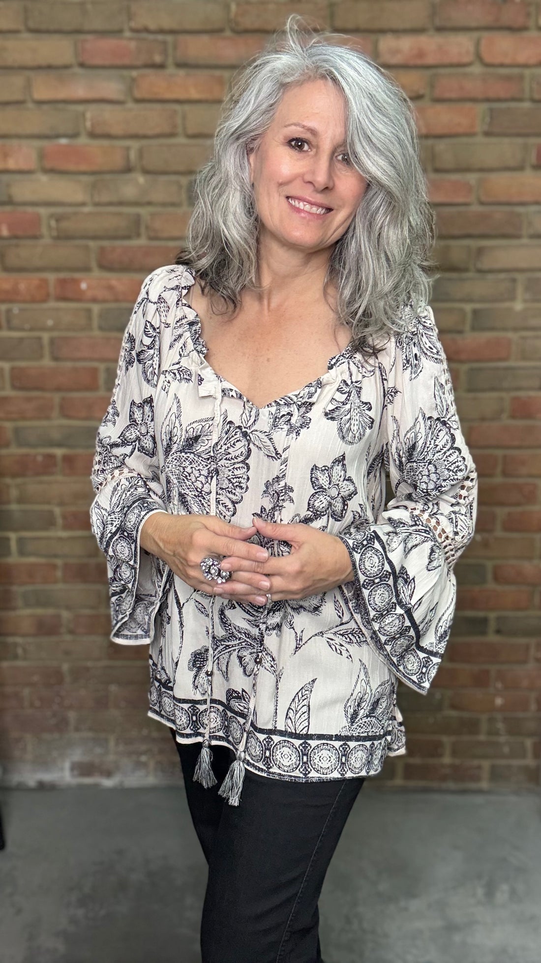 Ivory Printed Tie Neck Top