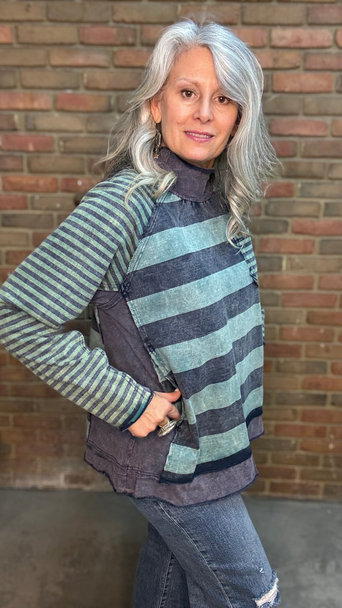 Navy/Green Mock Neck Stripe Mix Top