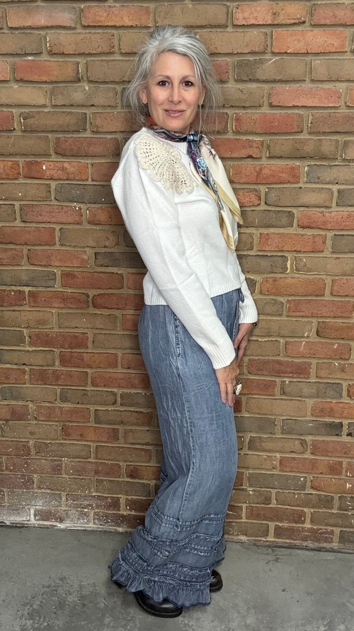 Chambray Palazzo Pants with Ruffles - Vintage Vault Boutique