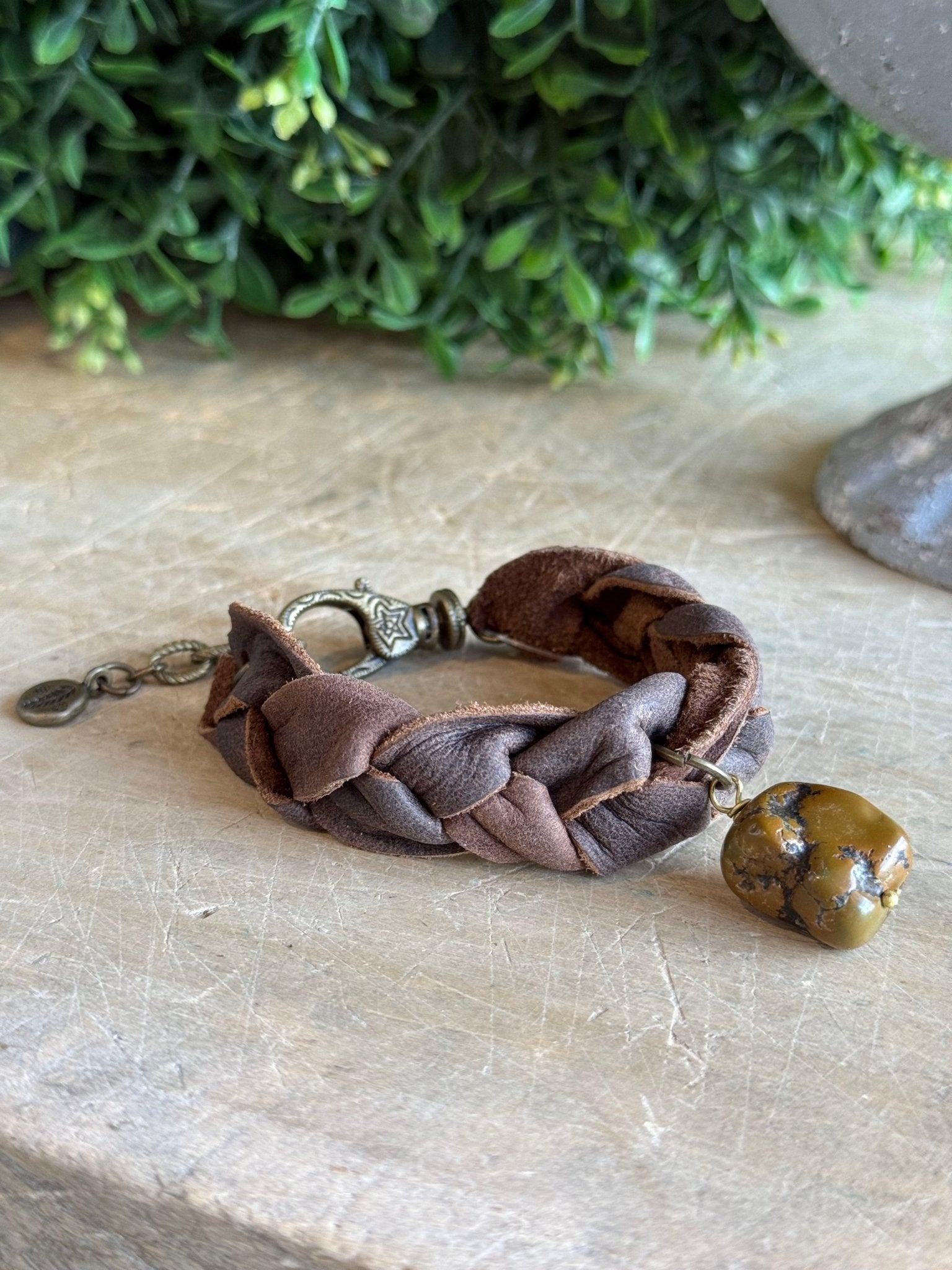 Braided Leather with Stone Bracelet - Vintage Vault Boutique
