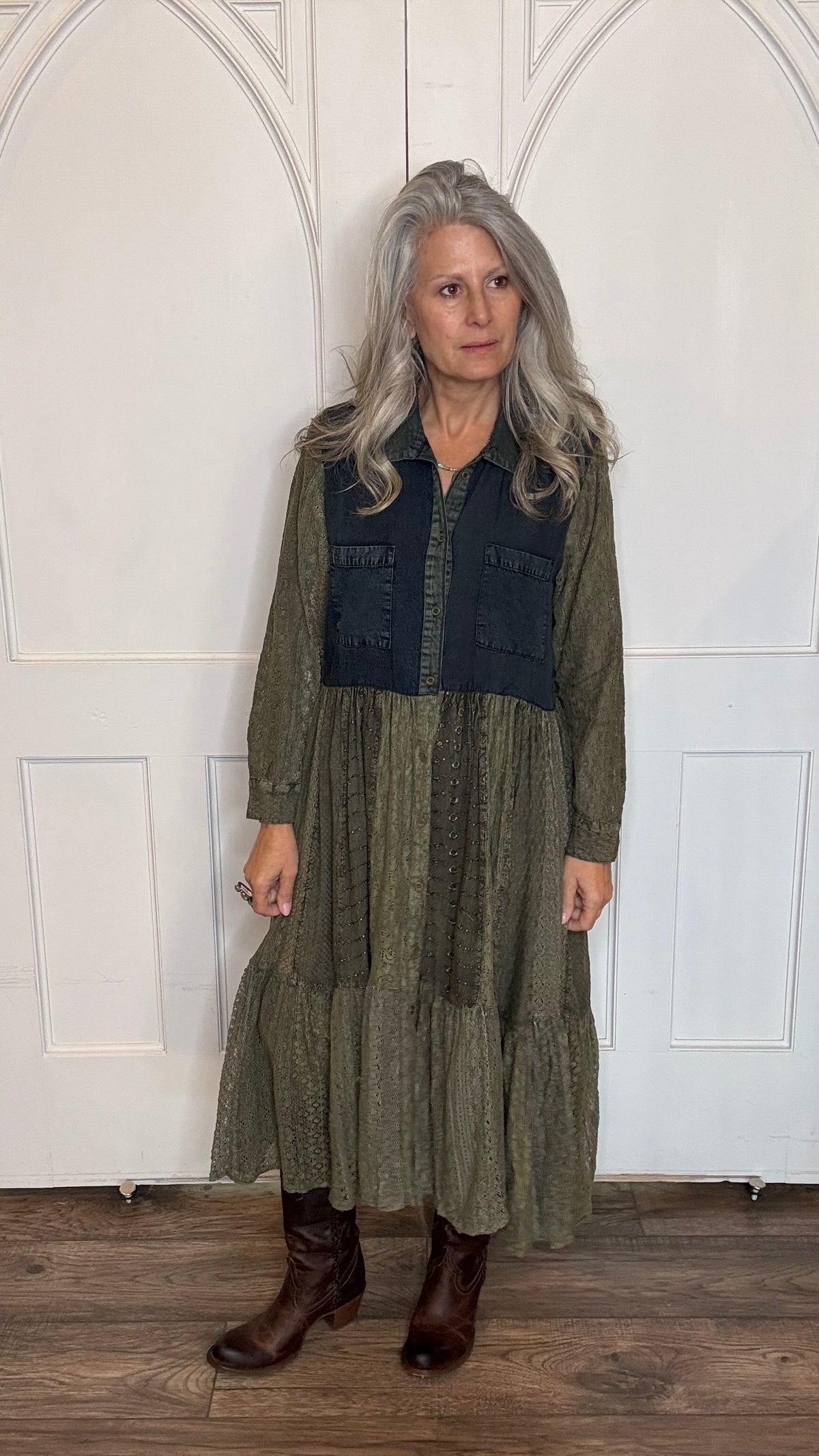 Button Front Patchwork Dress