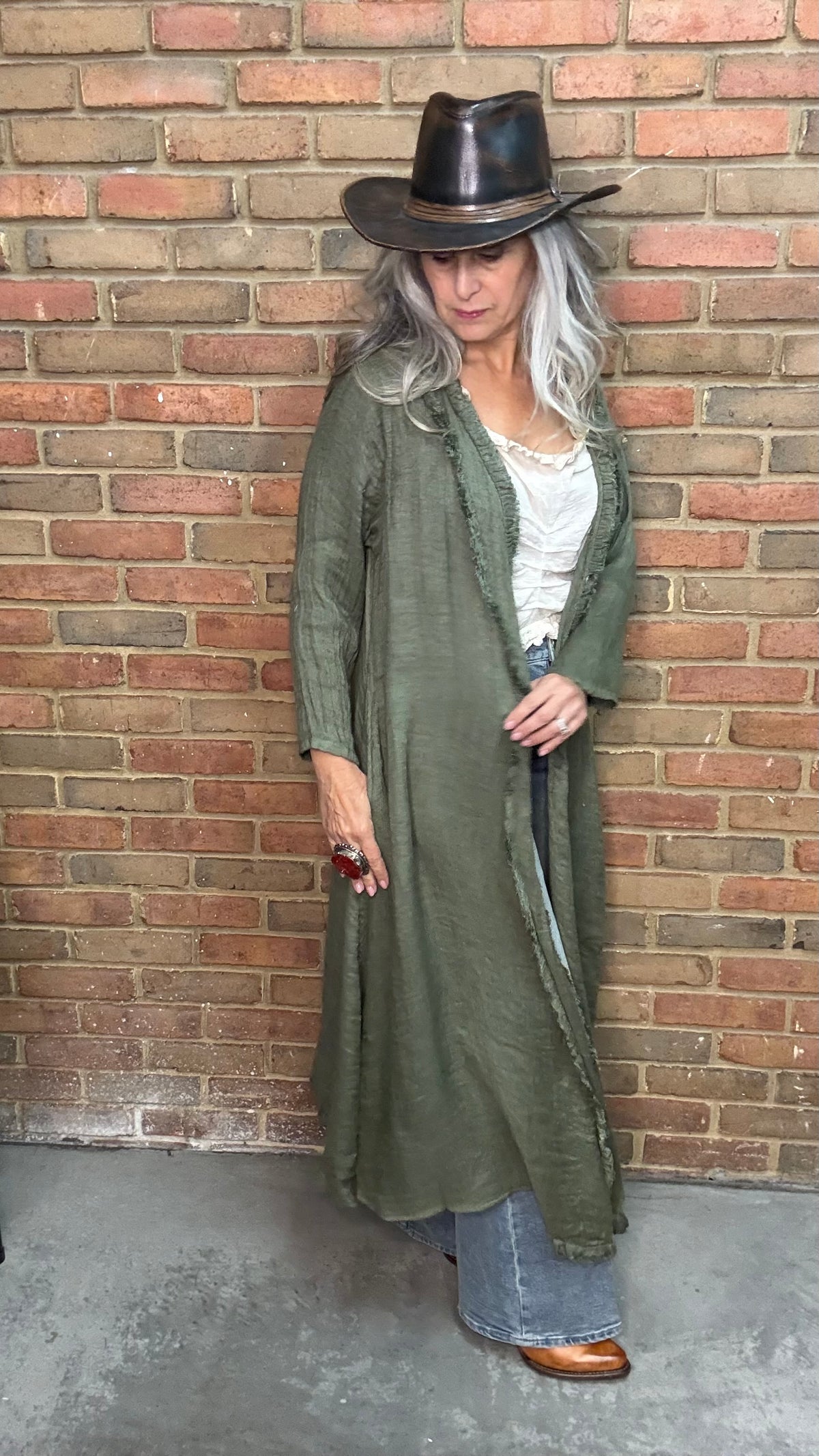 Olive Loose Weave Duster
