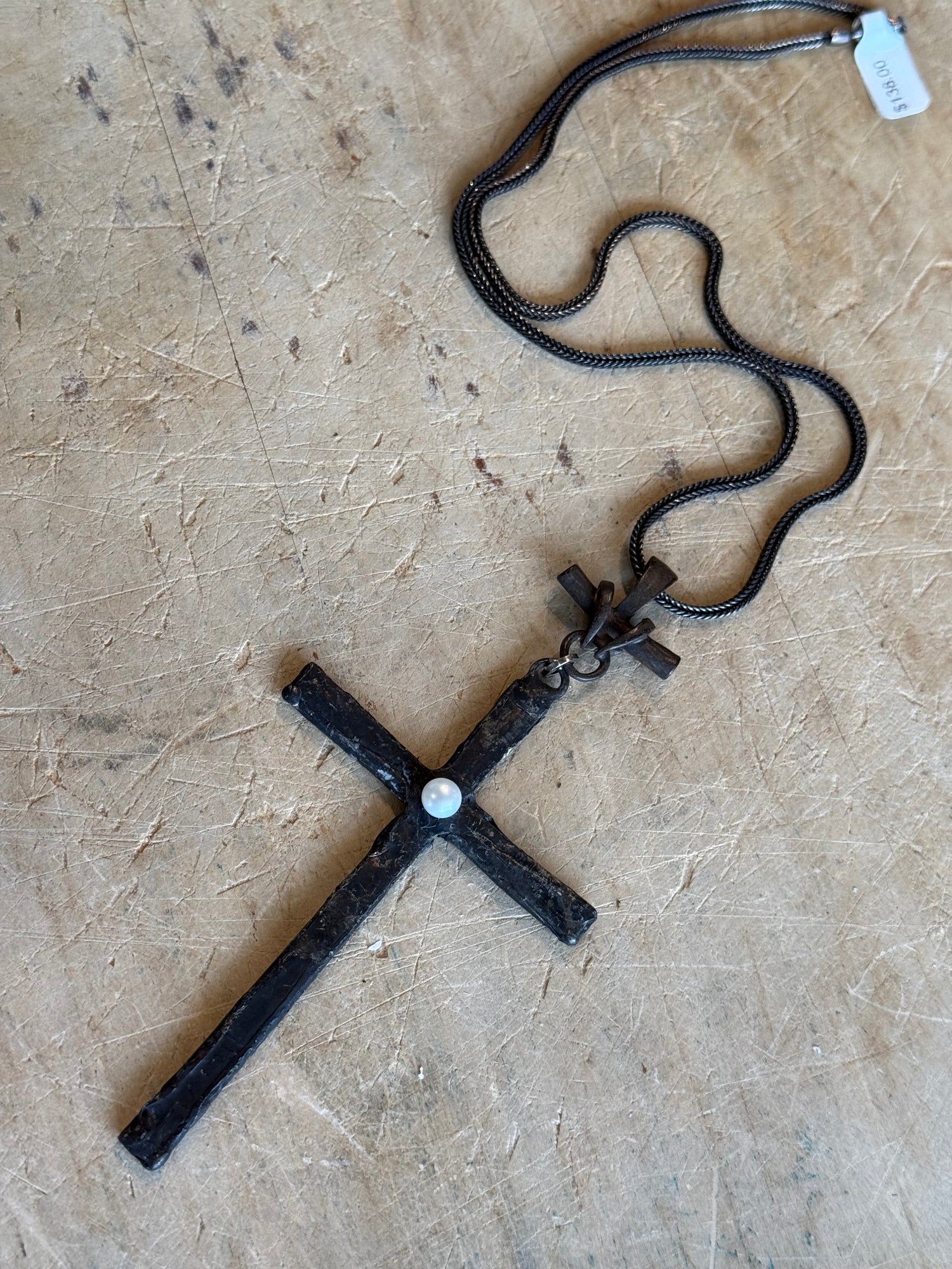 Large Rustic Cross with Pearl Center on 925 Chain
