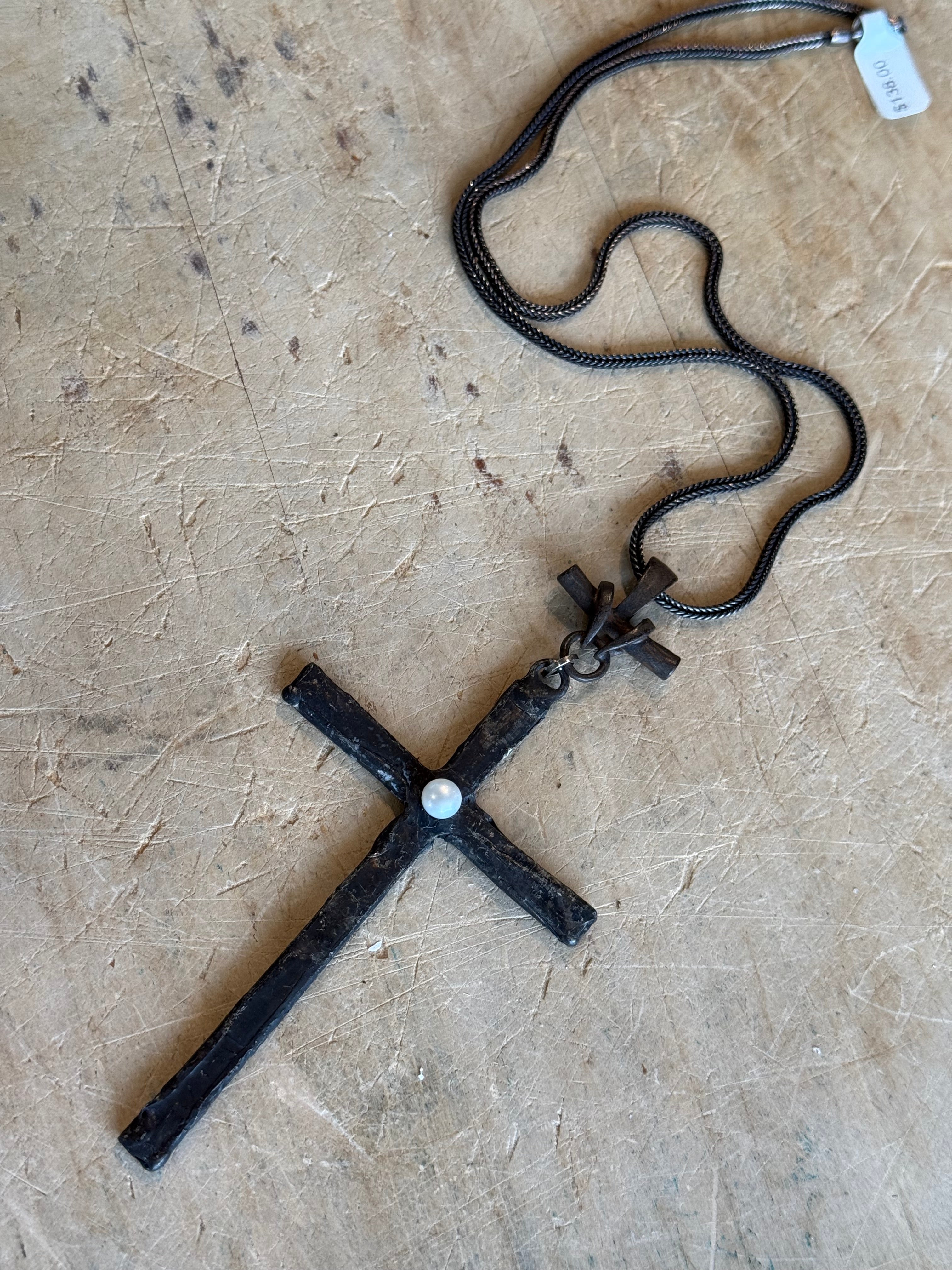 Large Rustic Cross with Pearl Center on 925 Chain