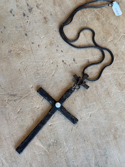 Large Rustic Cross with Pearl Center on 925 Chain