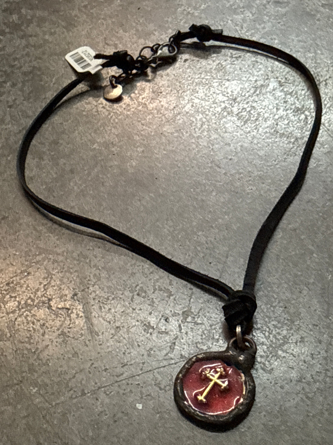 Red Disk with Gold Cross on Leather Necklace