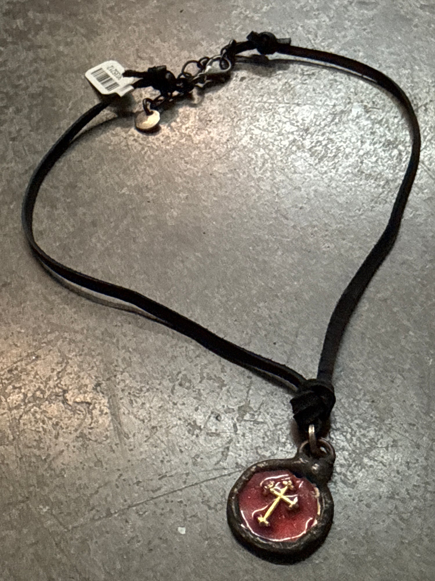 Red Disk with Gold Cross on Leather Necklace