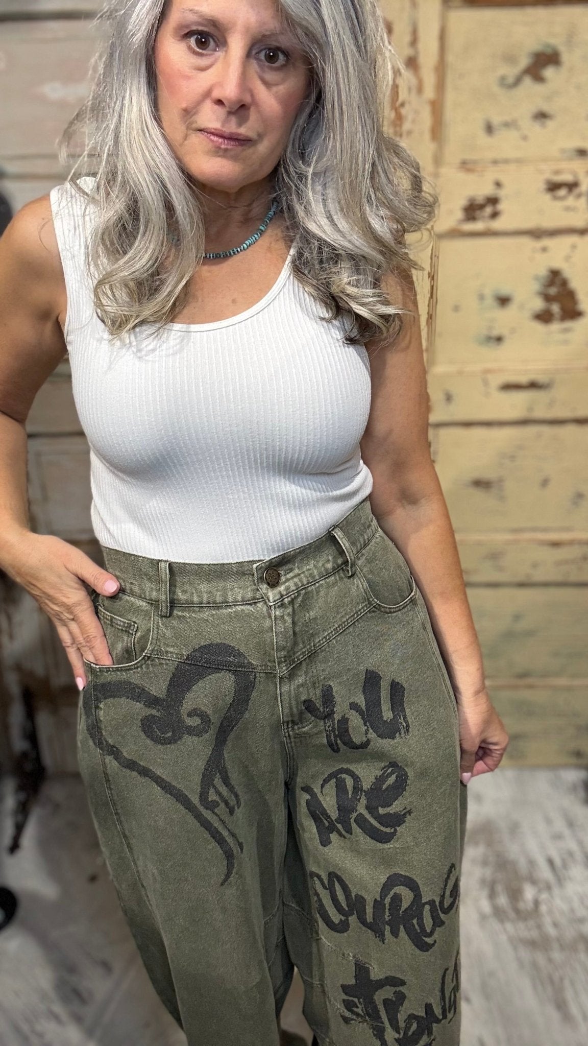 Brave Enough Olive Jeans - Vintage Vault Boutique