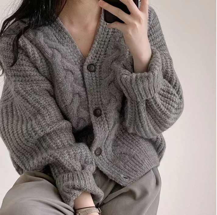 Cable Knit Cardigan Sweater Grey