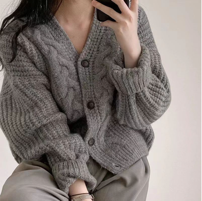 Cable Knit Cardigan Sweater Grey