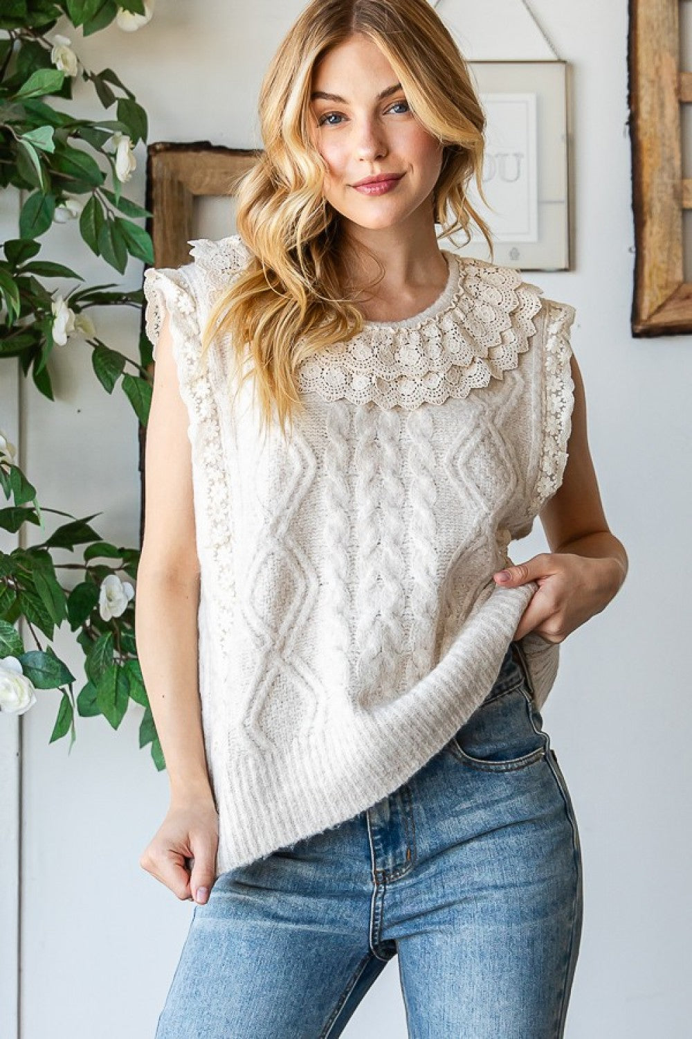 Cable Knit Sweater Vest with Lace 