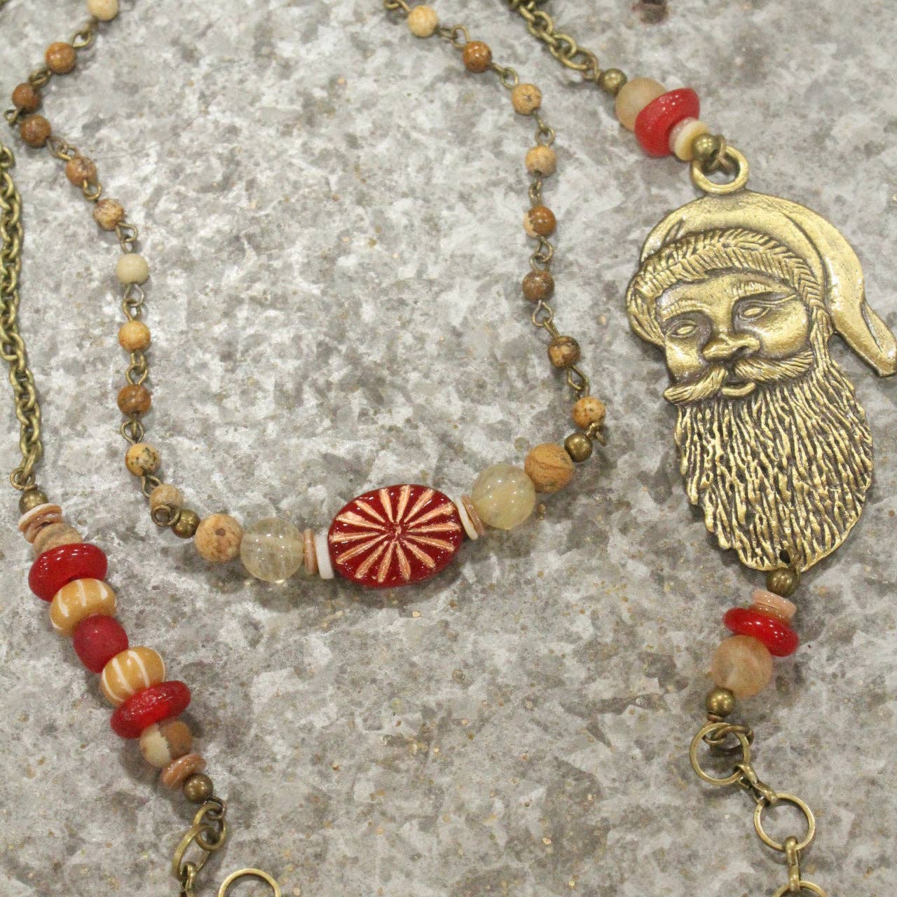 Bronze Santa &amp; His Czech Candy Layered Pendant Necklace