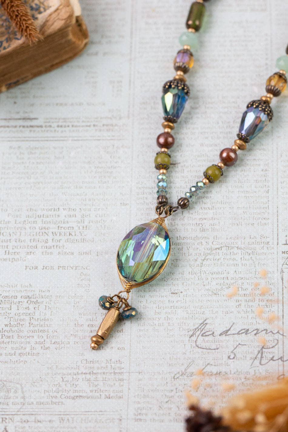 Crisp Autumn 18.5-20.5" Green Jade, Crystal, Freshwater Pearl Statement Necklace