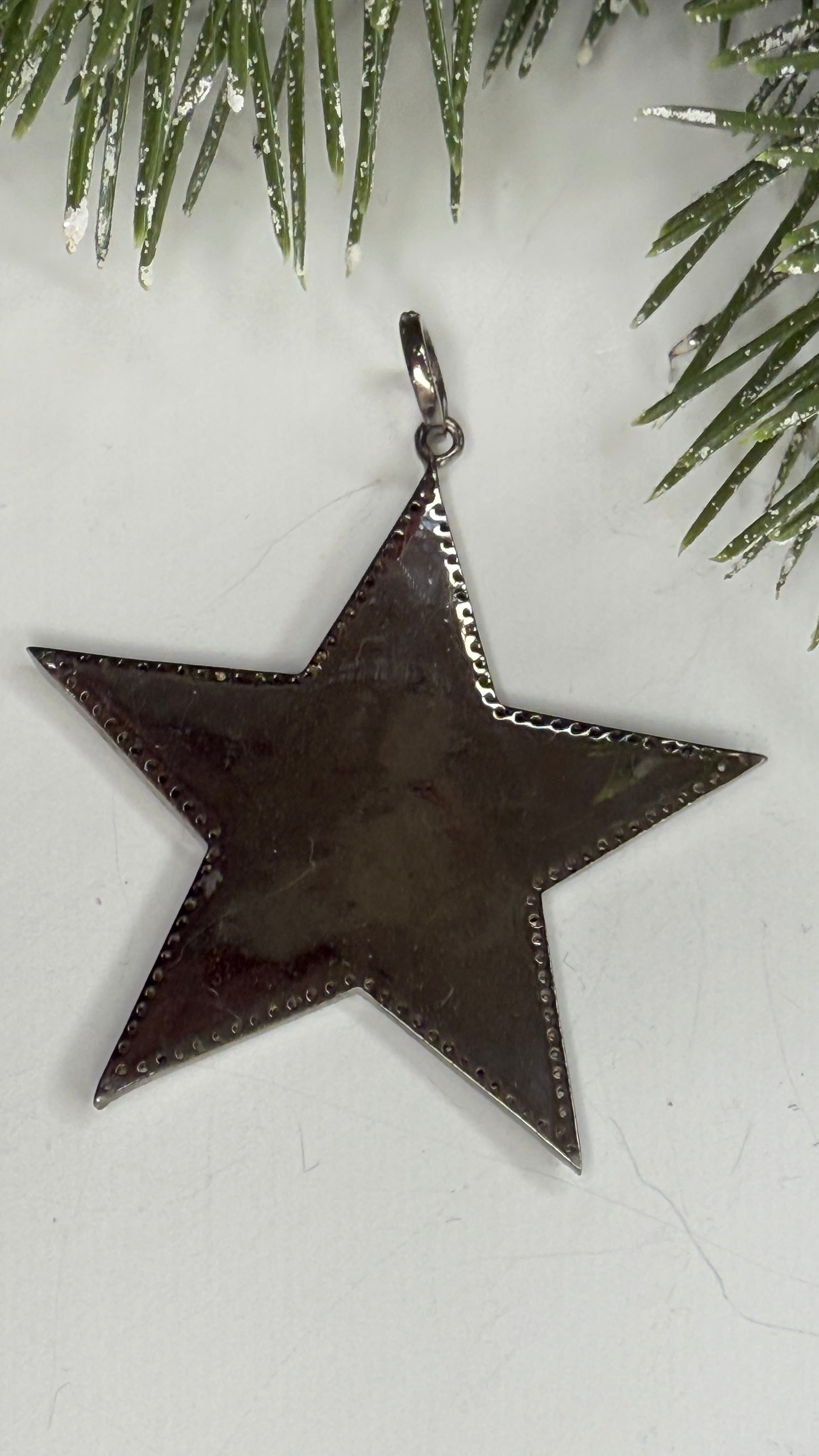 Star-shaped ornament on a white surface with greenery