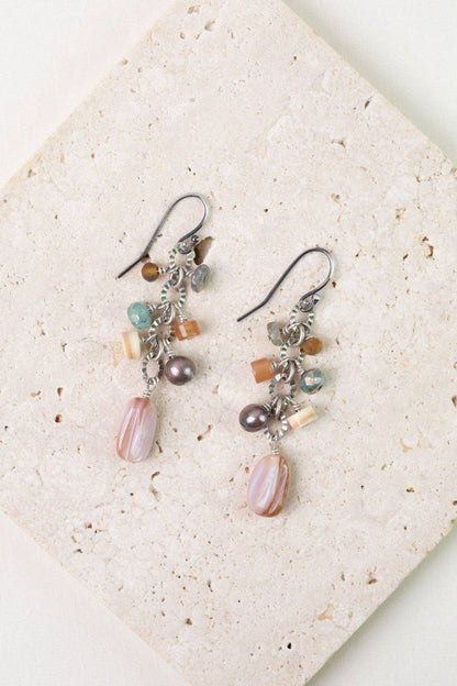 Namaste Czech Glass, Pink Abalone, Freshwater Pearl Cluster Earrings E021 - Vintage Vault Boutique