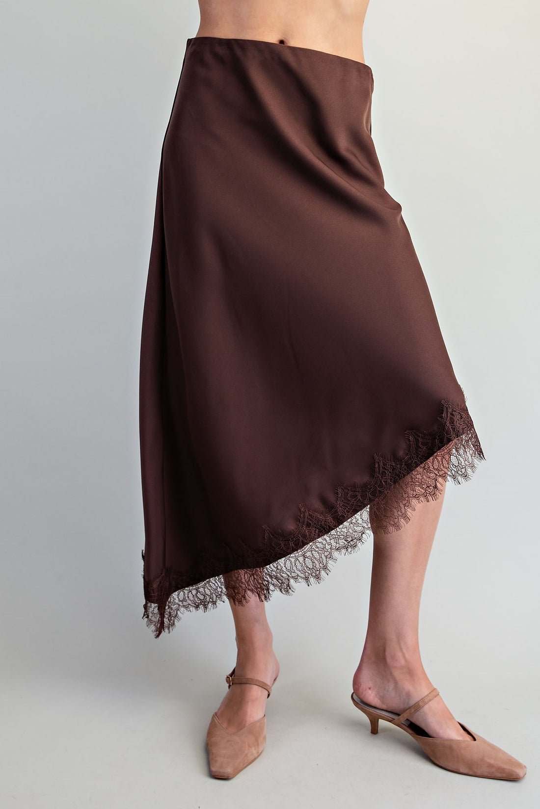 Chocolate Lace Trim Satin Skirt - Vintage Vault Boutique