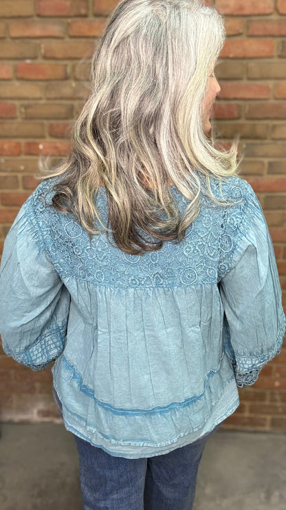 Denim Lace Button Up Top