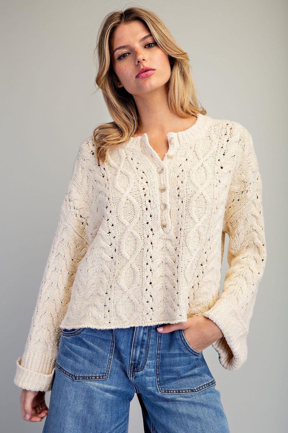 Oatmeal Cable Knit Henley Sweater - Vintage Vault Boutique